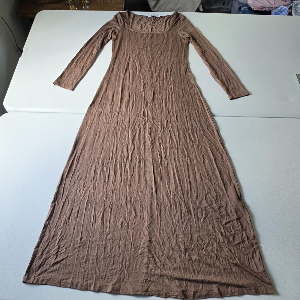 NA-KD Dress Womens Medium Brown Jersey Square Neck Long Sleeve Maxi Stretch